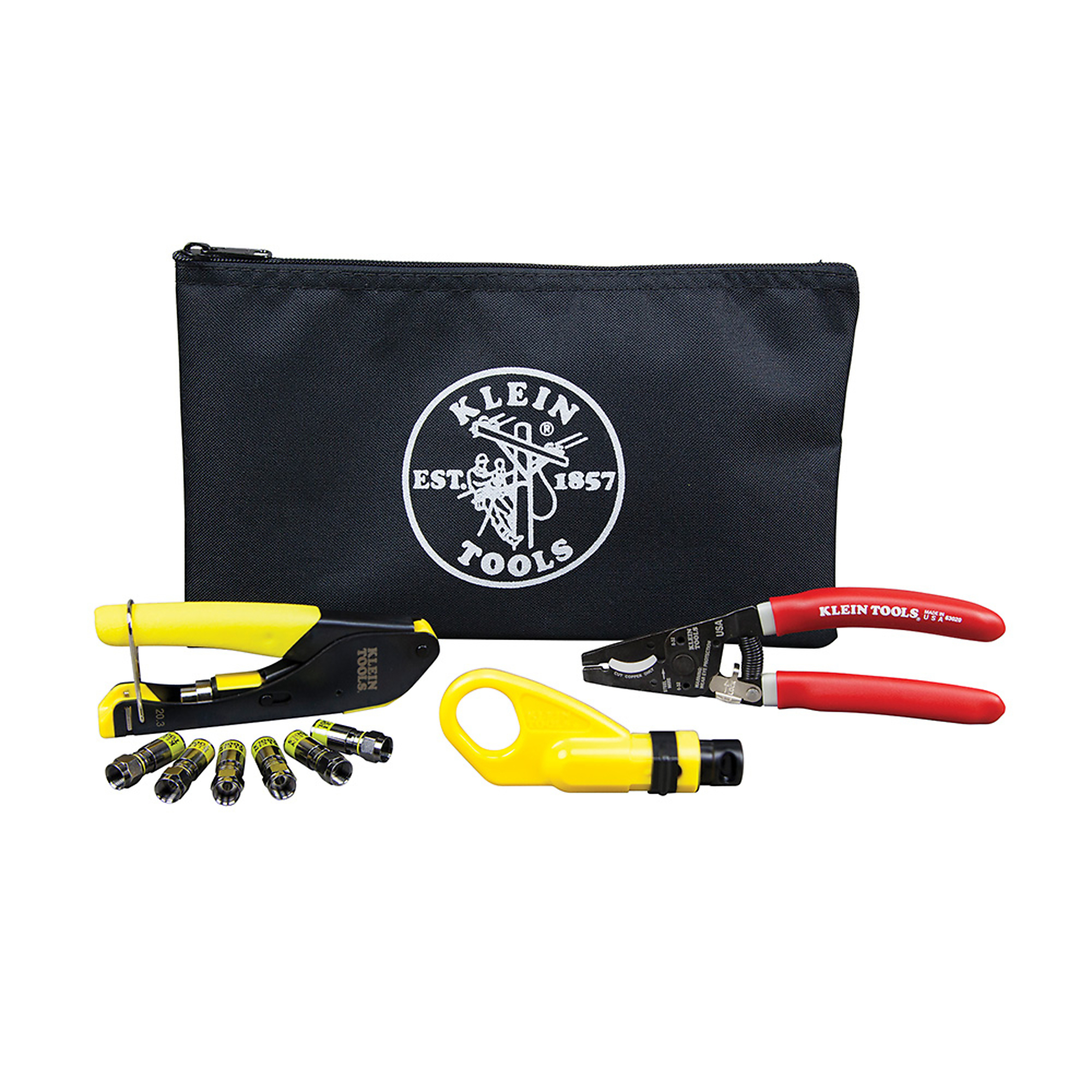 Klein Tools Coax Cable Installation Kit — Compact Crimper, 2-Level Stripper, Multi-Cable Cutter, 6 F-Connectors, Zipper Pouch, Model# VDV026-211